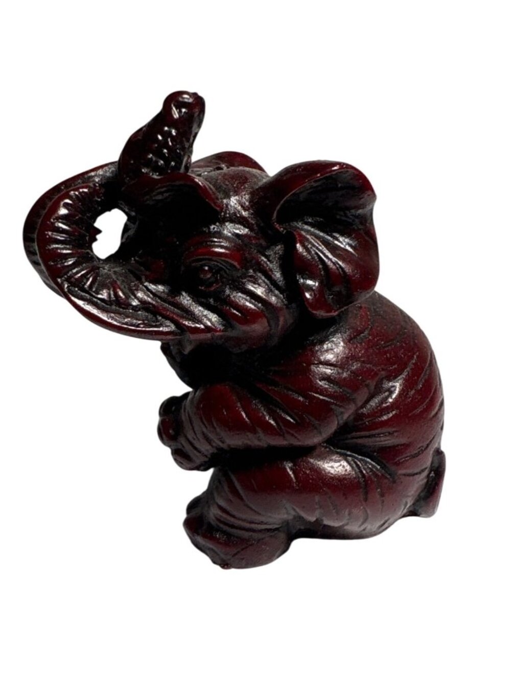 Dark Red Resin Baby Elephant Trunks Up Lucky Elephant Figurine 2"